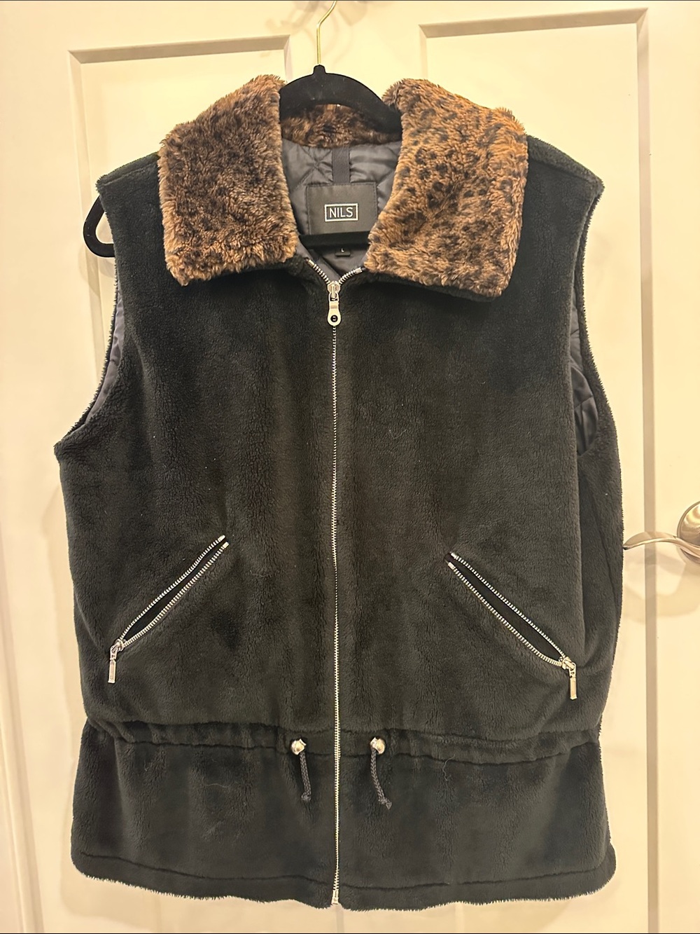 NILS Black Faux Fur Vest with Brown Sherpa Collar